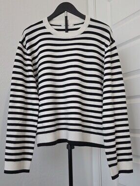 NWT Mod Ref The Klein Striped Knit Crewneck Sweater Black White Women's Sz Med